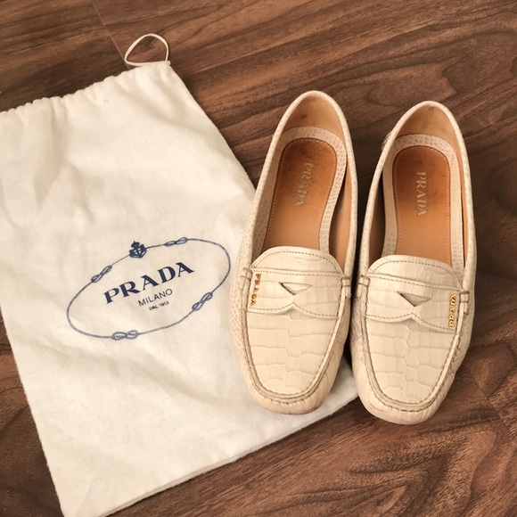 Prada Shoes - Prada white croc embossed loafers